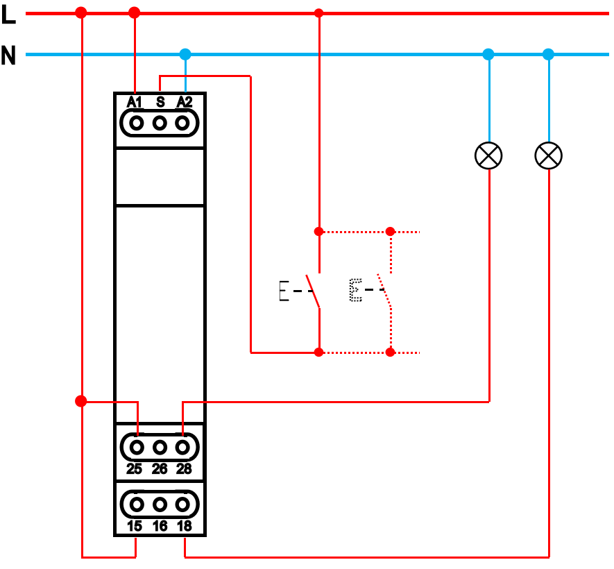 This DIN rail timer works with both AC and DC voltage and supports various delay modes. The attached wiring scheme demonstrates switch-triggered time-delay control, widely used for lighting delay, equipment delayed start/stop and other automation applications.
