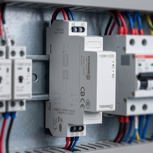 Pulse output relay mounted on a DIN rail inside an electrical control cabinet