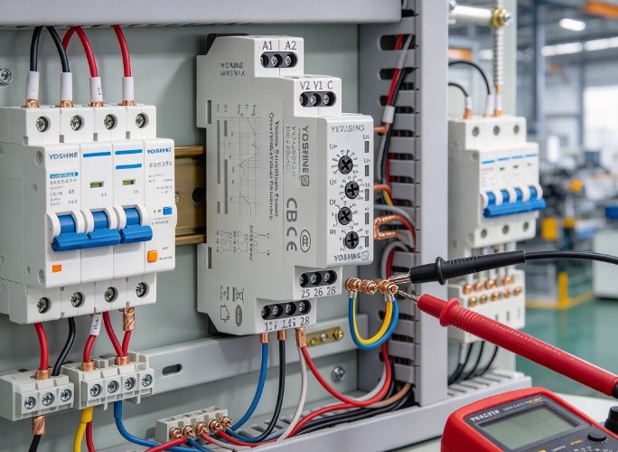 Single phase voltage relay installed on DIN rail in control cabinet with circuit breaker wiring meter and industrial workshop background.